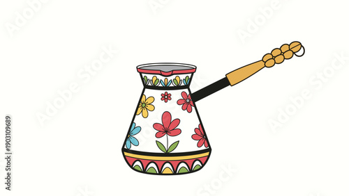 Beautifully decorated traditional Turkish coffee pot with colorful floral motifs and a long handle on a clean white background.