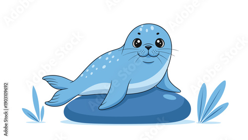 Adorable blue seal with large sparkling eyes sitting comfortably on a smooth rock, surrounded by soft blue seagrass.
