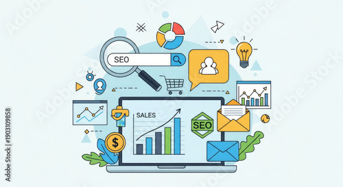 A colorful vector graphic illustrating SEO concepts and digital marketing strategies on a laptop