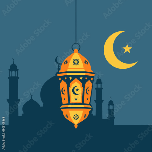 Islamic lantern with crescent moon and star against a mosque silhouette, symbolizing Ramadan or Eid.
