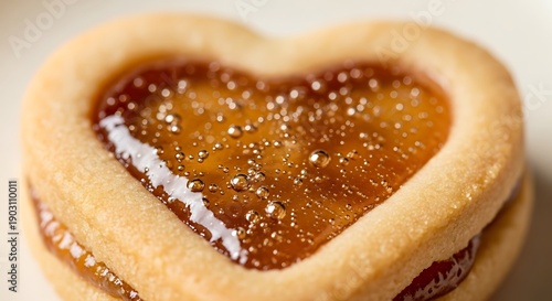 A close-up of a heart-shaped cookie with a sweet jam filling on a white surface