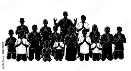 Group of People Praying Together Silhouette.