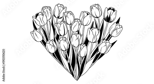 Heart Shaped Tulips Illustration Black White.