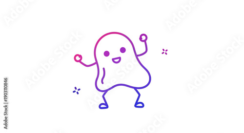 Cheerful gradient ghost cartoon character happily dancing with raised arms on a white background