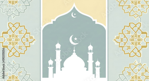 A serene vector illustration of a mosque with a crescent moon and star, surrounded by intricate geometric patterns and arches.