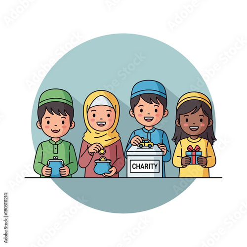 Happy diverse children participating in acts of charity and giving, sharing gifts and donations.