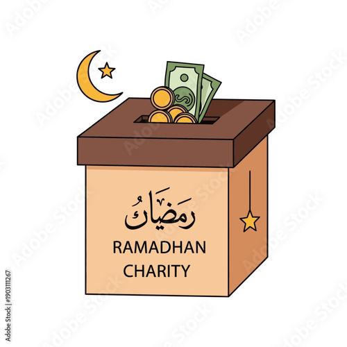 Ramadhan charity box with money, crescent moon, and star, symbolizing Islamic giving during the holy month.