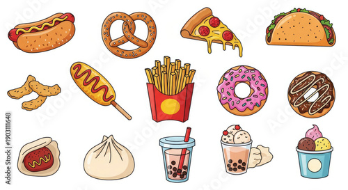 A colorful vector graphic illustration of various fast food items and desserts