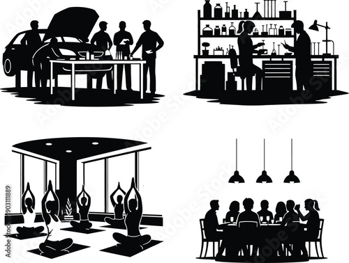 Four distinct scenes of social gatherings and dining in stylized silhouettes