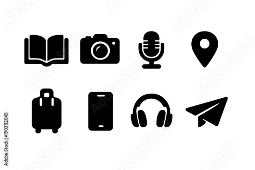 Travel Blogger Icons. Travel storytelling blogger. Filled icon set of Travel storytelling blogger: open book,