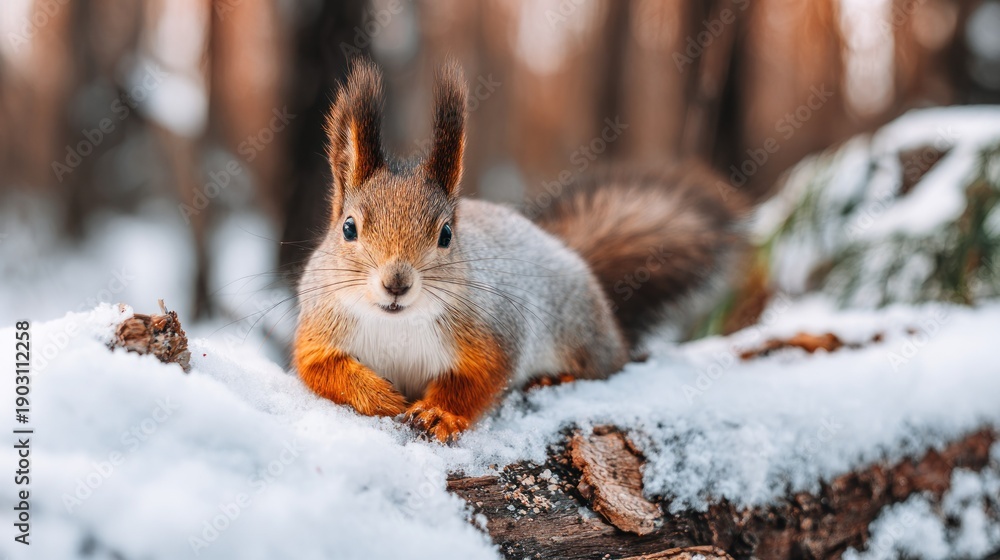 Fototapeta premium Alert squirrel resting on snowy ground in winter environment