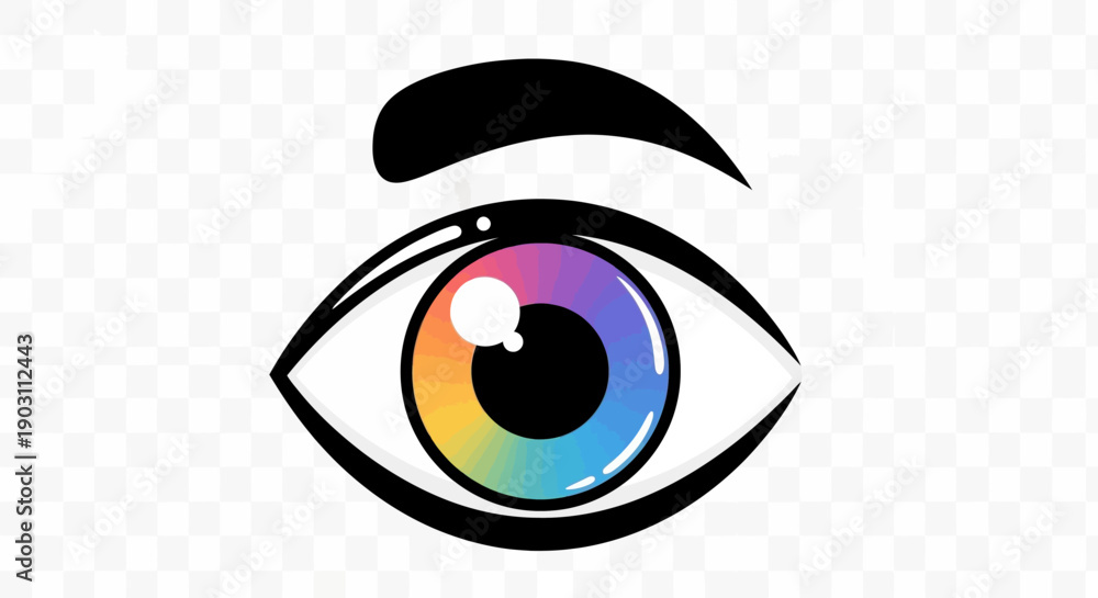 Obraz premium Vibrant rainbow eye illustration with colorful iris and bold black outline design for creative