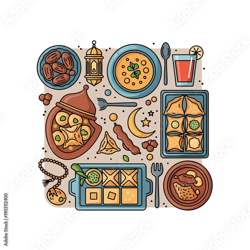 Hand-drawn illustration of traditional Middle Eastern food for Ramadan Iftar, featuring dates, pastries, soup, and drinks arranged on a table.