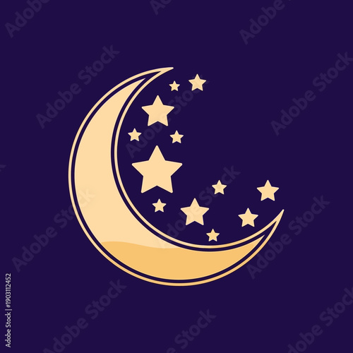 A golden crescent moon with multiple stars on a dark blue background, simple graphic style.