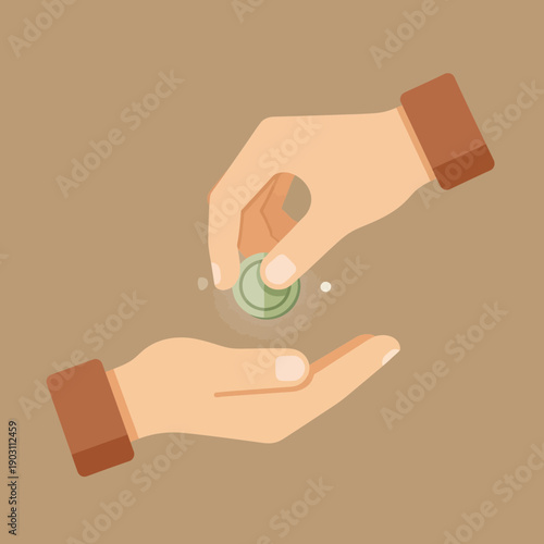 A flat illustration of one hand giving a green coin to another hand, symbolizing donation or transaction.