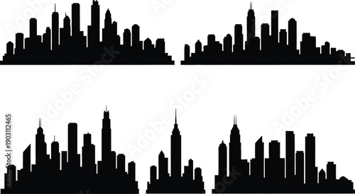 Silhouettes of urban skylines featuring diverse architectural styles and cityscapes