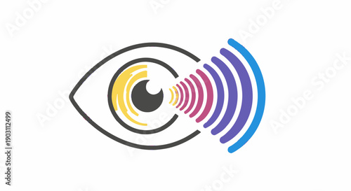 Eye scanning technology symbol with colorful waves representing data perception and digital vision
