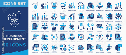 Business Development Icon Set Collection. With business, development, strategy, innovation, growth, think, document, financial, market and plan icon. Simple Flat Vector Illustration