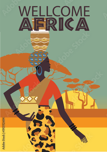 Africa Tourism Banner and Icon Set featuring Tribal Woman, Safari Animals, and Savanna Landscape