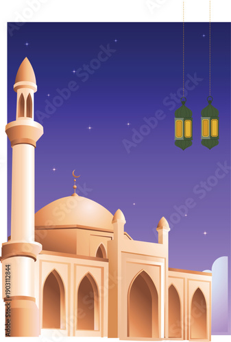 Islamic abstract purple background with gold mosque ornaments