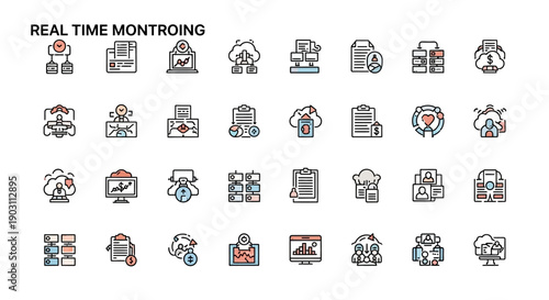 Real-Time Monitoring Icons: Data, Cloud, Analytics, Network, Workflow