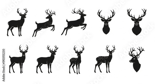 Collection of Deer Silhouettes in Various Poses and Headshots.