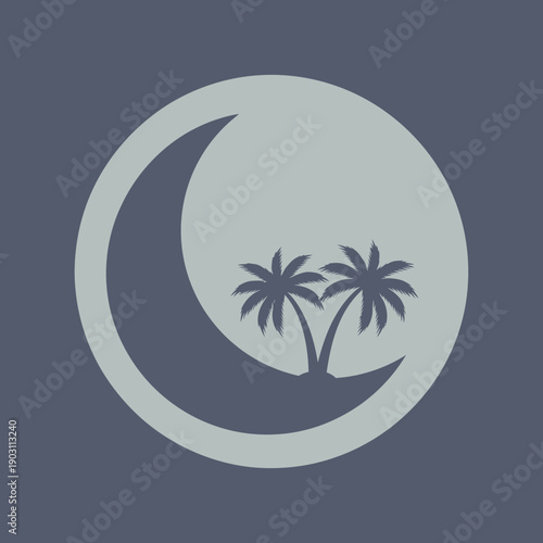 A minimalist circular logo featuring a crescent moon and two palm trees on an island, rendered in a monochromatic grey palette.