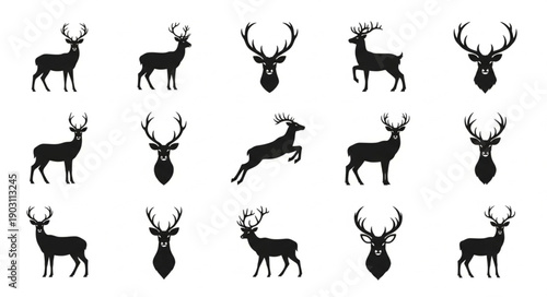 Collection of Deer Silhouettes in Various Poses and Headshots.