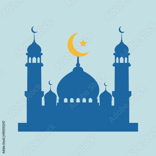 A blue silhouette illustration of a mosque with a golden crescent moon and star on the main dome and two minarets.