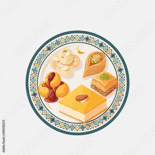 A beautifully arranged plate of traditional Middle Eastern and Mediterranean desserts, including baklava, luqaimat, and semolina cake, on a decorative patterned dish.
