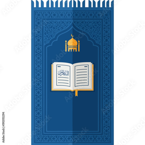 A blue Islamic prayer mat with a golden mosque silhouette and an open Quran, symbolizing devotion and faith.