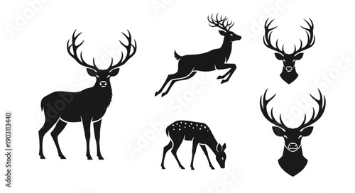 Collection of Deer Silhouettes in Various Poses and Styles.
