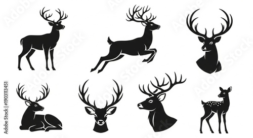 Collection of Deer Silhouettes in Various Poses and Views.