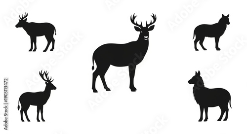 Collection of Deer Silhouettes Isolated on White Background.
