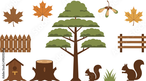 Autumn Forest Nature Illustration Set with Tree Leaves Fence Squirrel Stump Birdhouse and Seasonal Woodland Elements