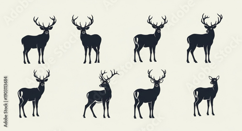 Collection of Deer Silhouettes Standing in Various Poses.