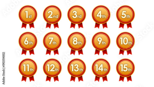 Anniversary Gold Medal Icon Set 03 with Red Ribbon (1st–15th) : anniversary, medal, gold medal, ribbon, red ribbon, icon, set, badge, award, celebration, 