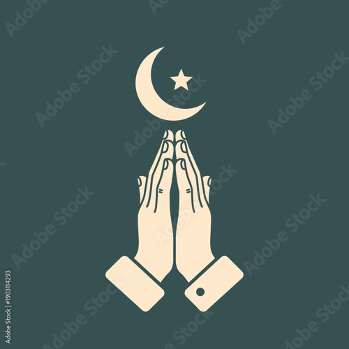 Hands in prayer gesture with crescent moon and star, symbolizing Islamic faith and devotion.