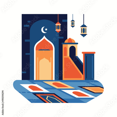 Illustration of a mosque interior with prayer mats and lanterns, featuring Islamic architectural elements and symbols.