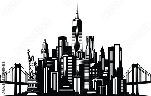 Iconic silhouette of new york city skyline with statue of liberty and bridges