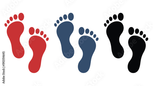 Three Pairs of Footprints in Red, Blue, and Black on a White Background