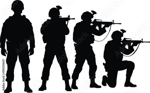 Four soldiers in tactical positions with rifles ready for action.