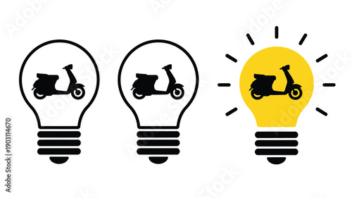 Three lightbulbs with scooters inside, one illuminated, symbolizing an idea
