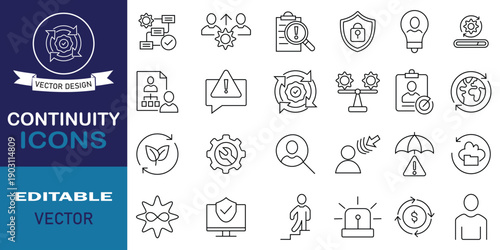 Business continuity icon set. Vector illustration in modern thin style of process related icons management, crisis response, automation, workflow, data backup, and more.