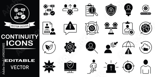 Business continuity icon set. Management, crisis response, automation, workflow, data backup, and more. Solid vector illustration.