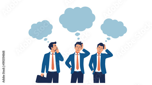 Three businessmen in suits with thought bubbles above their heads, looking confused