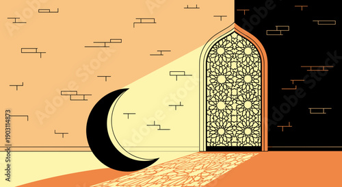 Crescent Moon and Islamic Archway Illustration.