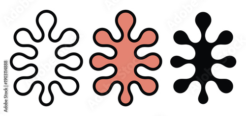 Three abstract, blob-like shapes in black, pink, and outline