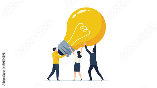 Teamwork and Collaboration: Three People Holding Up a Giant Light Bulb Symbolizing a Bright Idea