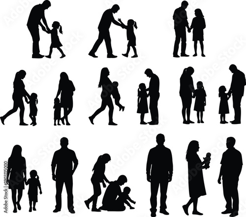 Diverse silhouettes of people in various social and family interactions